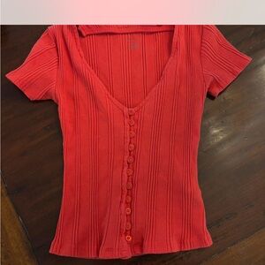 Red Anthropology Ribbed Button-Up Blouse